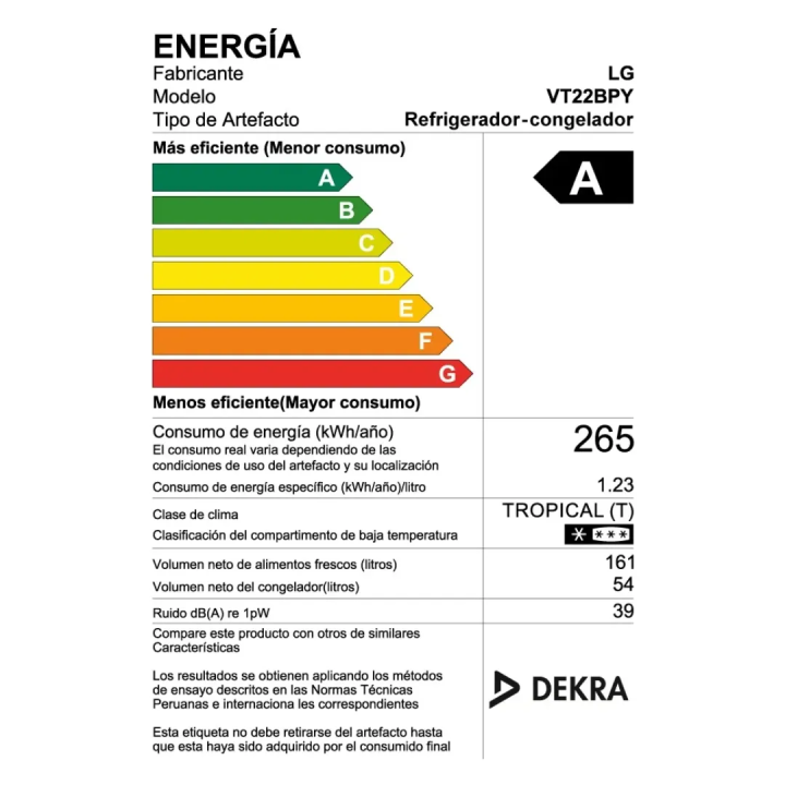 Refrigeradora LG Top Freezer 215L VT22BPY Smart Inverter