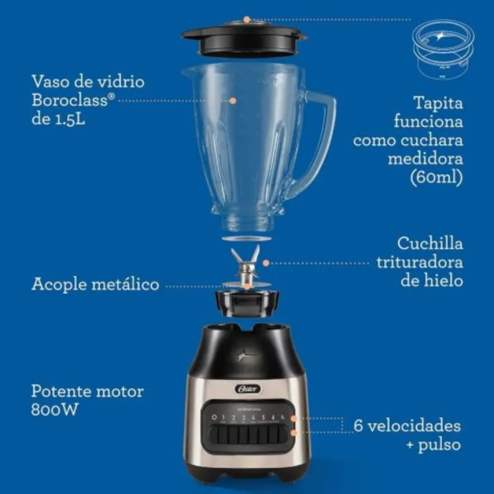 Licuadora Oster BLSTPEG-NPB-053 de 6 Velocidades y Vaso Vidrio